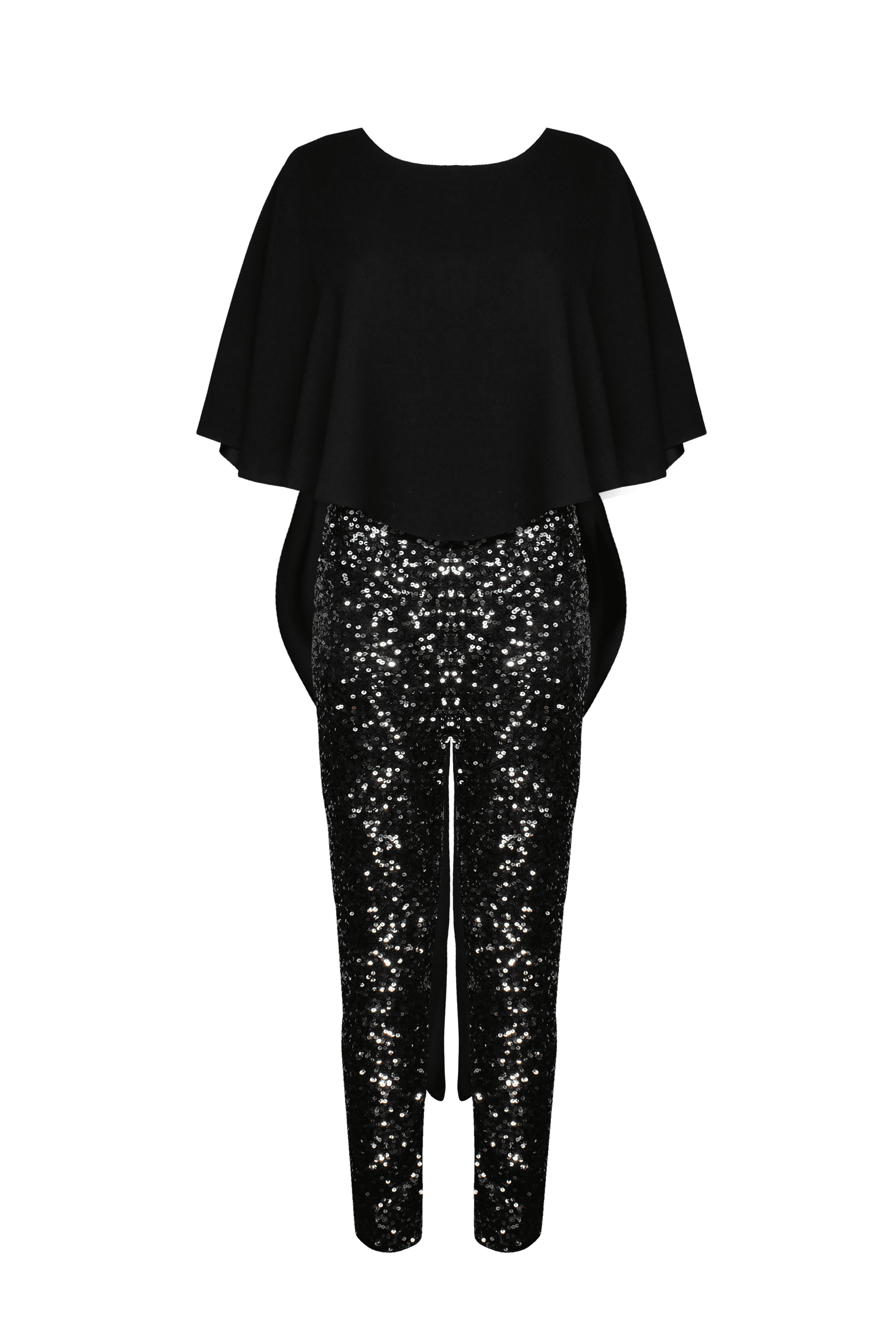 Sequined Cape Sleeves Jumpsuit Black