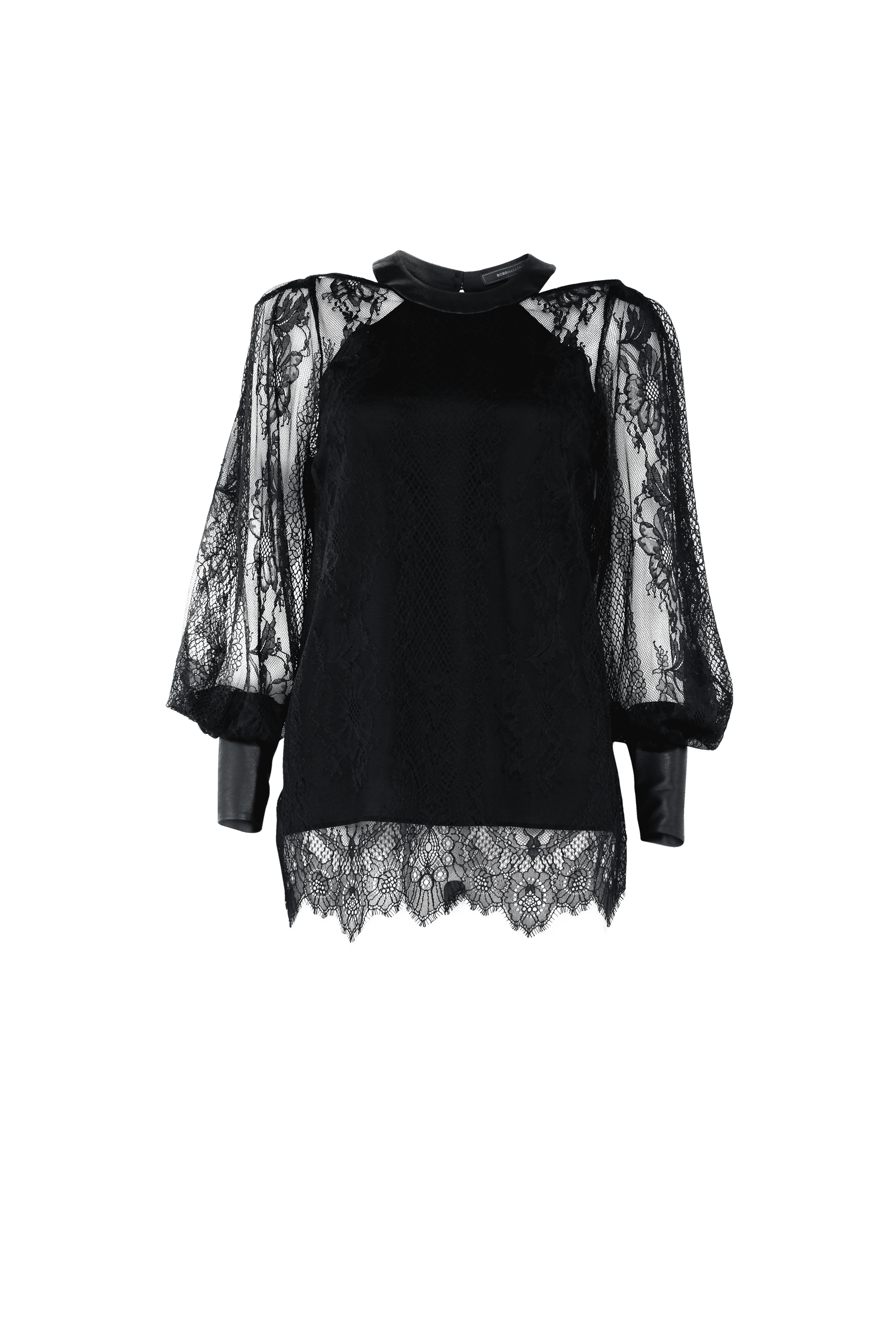 Faux Leather Trimmed Lace Top